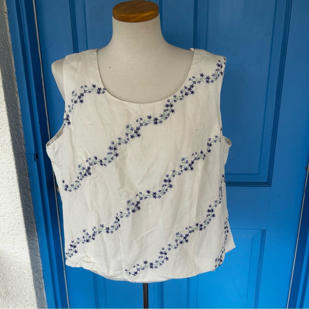 Positive Attitude Sleeveless White Shirt With Blue Floral Embroidery